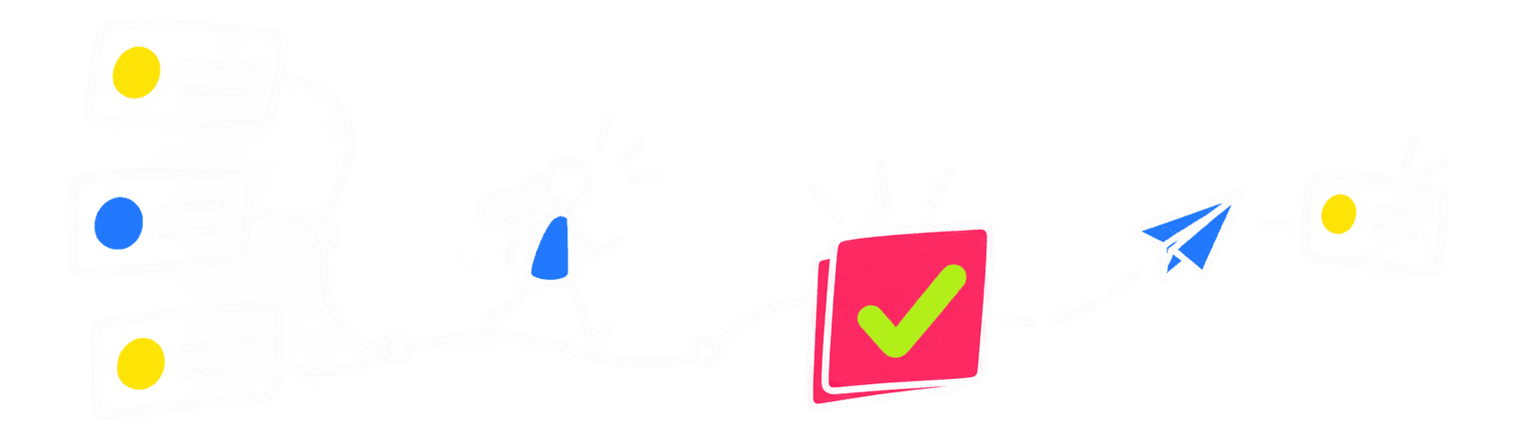 A doodle of lesson cards joined by a path to a running figure, a ticked card and a paper plane carrying the work onward.